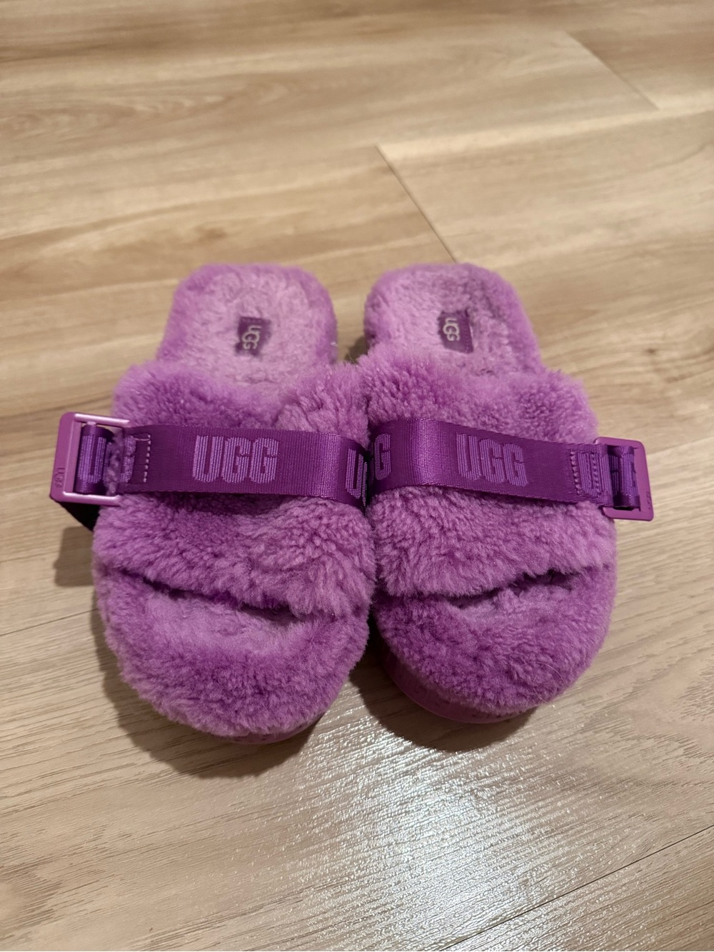 UGG Kids Purple Fluff Slide Sandals with Branded Strap